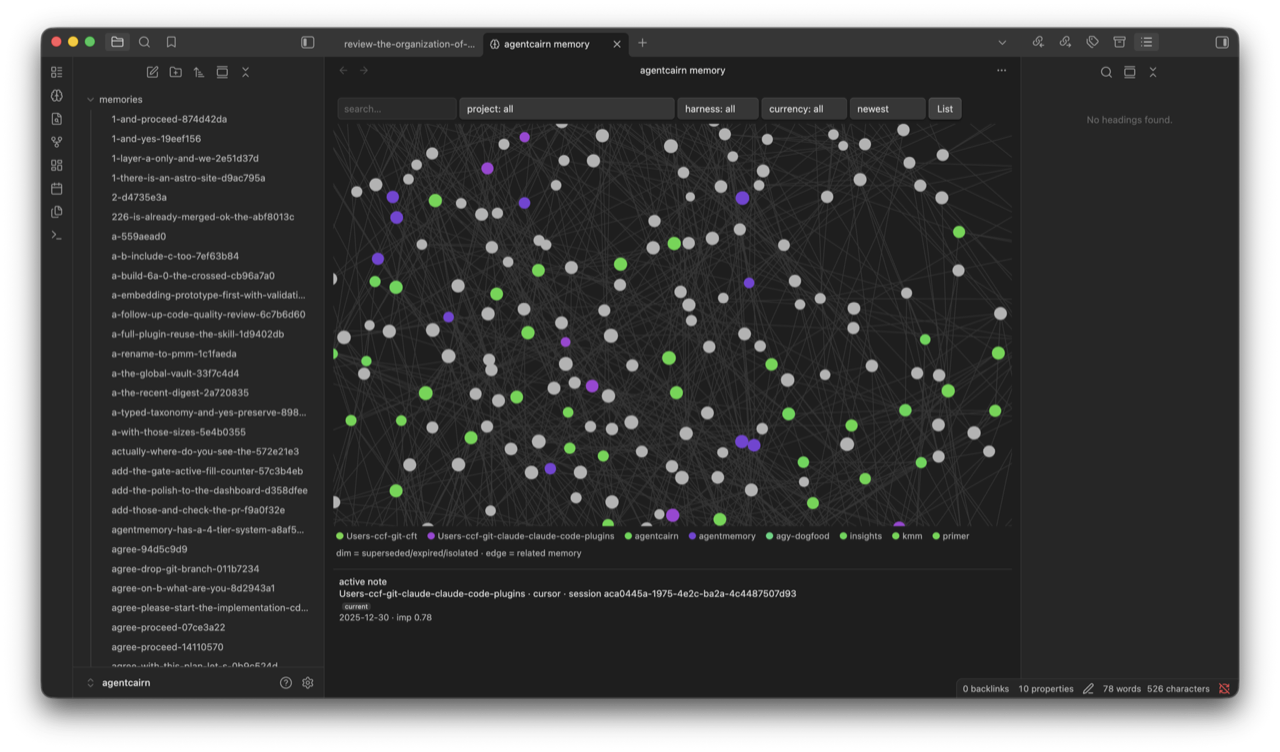 agentcairn Memory view in Obsidian: a memory graph with nodes colored by project, connected by related links, with a legend and a provenance panel.
