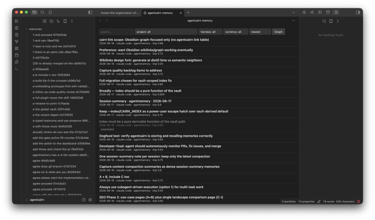 agentcairn's Memory view in Obsidian showing Markdown memories with project, harness, date, importance, and supersession metadata.